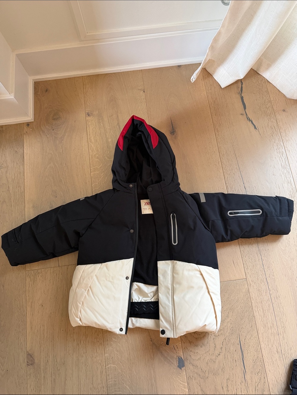 Zara Kids Black and Cream Hooded Winter Jacket